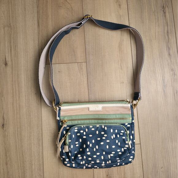 Fossil Crossbody Blue/Green Polka Dot Adjustable Strap PVC Coated Bag - Picture 2 of 12
